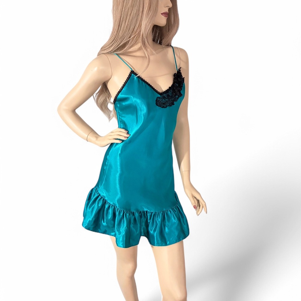 Vintage 80s Teal Satin Slip Dress Ruffle Hem Coquette Mini Nightgown Small - Picture 7 of 8